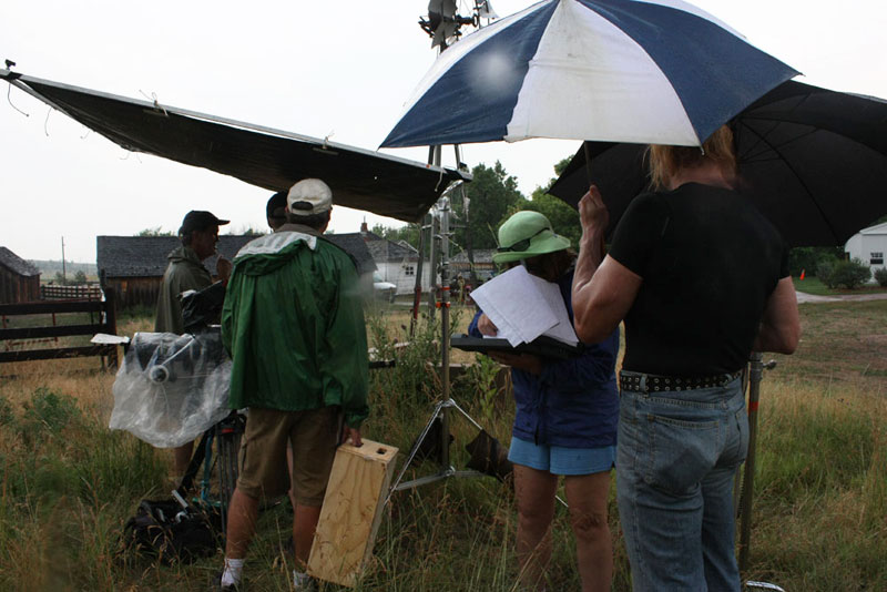 Crew preparing to shoot in the rain