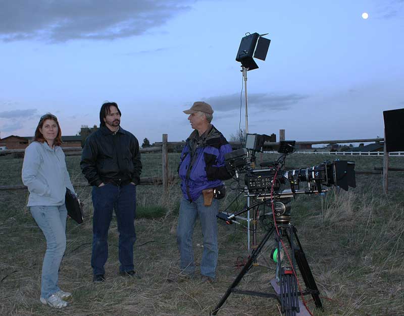 Assistant Director Nancy Snyder, 2nd Unit Director Mark Grove and DP Ed Done talk as dark approaches.